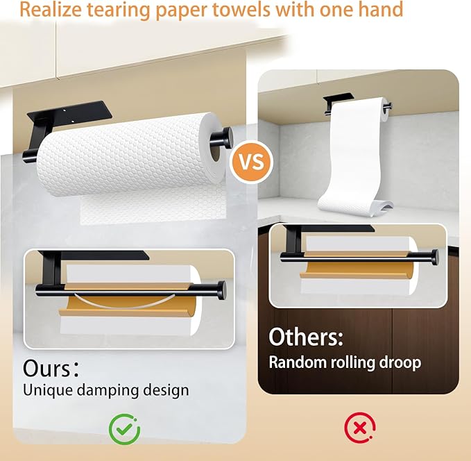 Paper Towel Holder Under Cabinet, Single Hand Operable Tearing Off Paper Towels with Damping Effect, Both Available in Adhesive and Screws, Stainless Steel (Black)