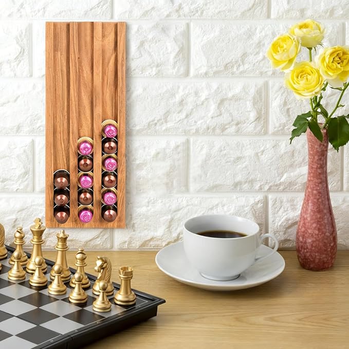 Teak Wood Coffee Pod Holder K Cup Organizer with Base, 33 Pod Capacity
