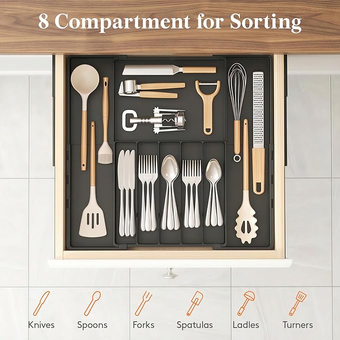 Lifewit Silverware Drawer Organizer, Expandable Utensil Tray for Kitchen, BPA Free Plastic Flatware and Cutlery Organizer, Adjustable Storage for Spoons Forks, Fits 12-20.5x11.3-19.3x1.7 Inch, Black
