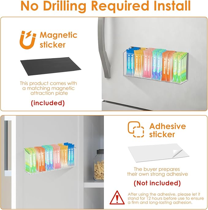 Drink Packet Organizer for Fridge, Magnetic Water Packet Organizer with Removable Divider & 6 Compartment, Drink Holder for Kitchen Pantry Cabinet Fridge