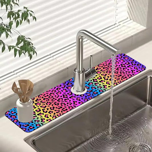 Sink Faucet Absorbing Mat Rainbow Colored Leopard Print Sink Splash Guard Drying Mat for Kitchen Bathroom Faucet Sinkmat 23.5"X5.5"