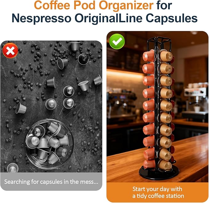 Coffee Pod Holder Carousel for Nespresso OriginalLine – 360° Rotating Capsule Organizer Holds 40 Pods, Space-Saving Countertop Storage Organizer Espresso Pod Rack for Home & Office (Black)