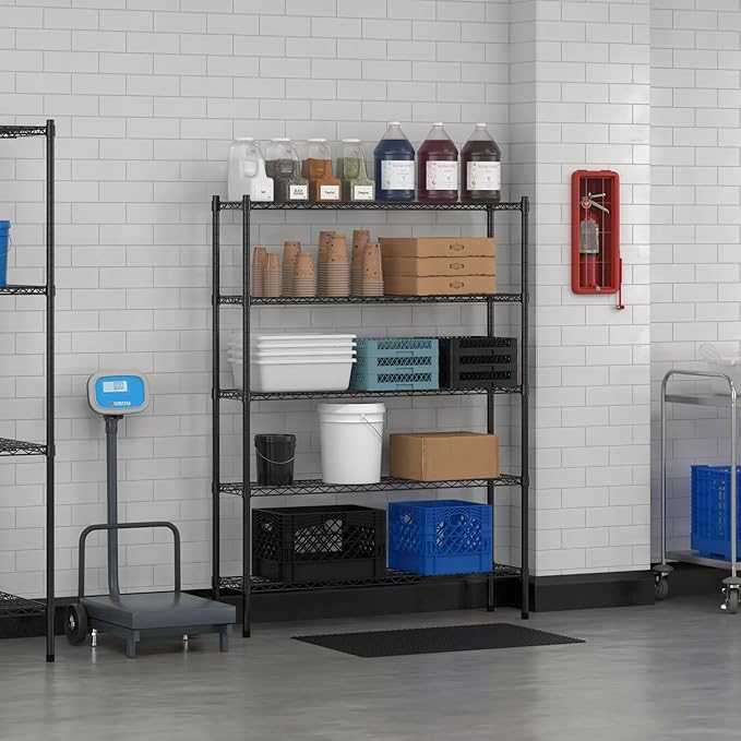 Commercial NSF Listed Black Epoxy Stationary Wire Shelving Kit 12" x 48" x 64", with 5 Shelves Perfect for Warehouse, Walk-in Refrigerator, Freezer, Grocery Store, Restaurant, Dishroom