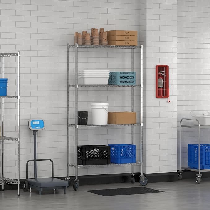 Commercial NSF Listed Chrome Mobile Wire Shelving Kit 12" x 42" x 80", with 4 Shelves Perfect for Warehouse, Walk-in Refrigerator, Freezer, Grocery Store, Restaurant, Dishroom