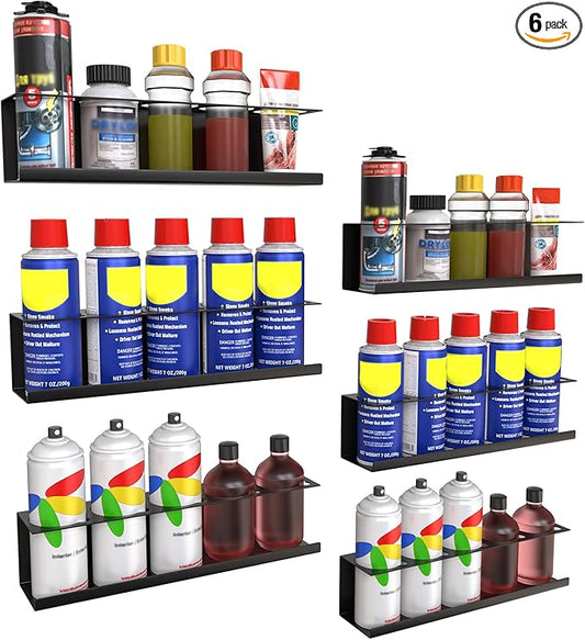 6 Pack Spray Bottle Holder Wall-Mounted, Aerosol Spray Can Holder Storage Rack, Heavy-Duty Paint Bottle Organizer with 30 Holes, Steel Black Spray Rack for Garage, Shop, Home or Tool Trailer