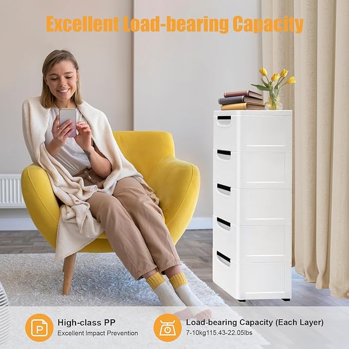 5 Drawers Stackable Storage Drawers Plastic Storage Drawers Collapsible Storage Bins Plastic Clothes Organizer Drawers Storage for Living Room,Bedroom,Office (White, 7.87" W)