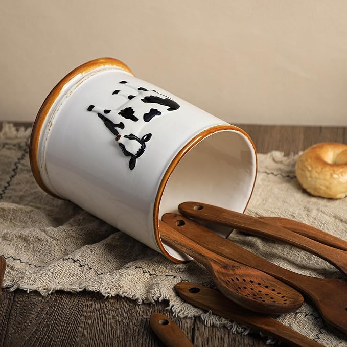 SOCOSY Ceramic Retro Cow Embossed Kitchen Utensil Holder For Countertop Large Cooking Utensil Crock Holder Spatula Holder