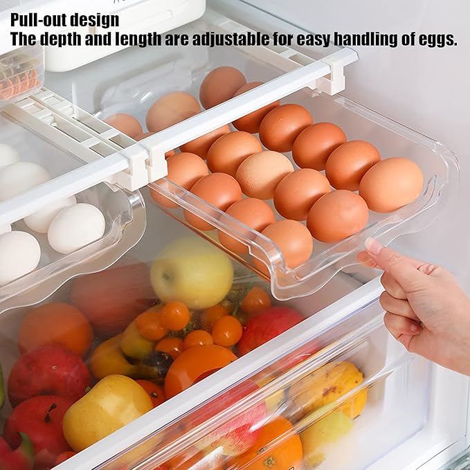 Egg Storage Container: Adjustable Pull Out Refrigerator Organizer, Durable ABS Plastic Egg Holder Holds 14 Eggs, Space Saving Fridge Drawer