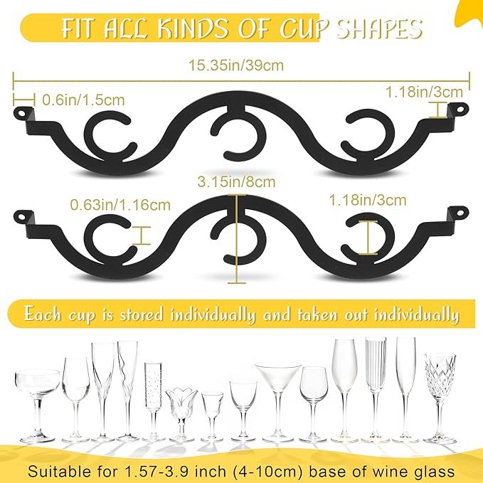 Under Cabinet Wine Glass Rack/Stemware Holder, 15.35 inch Glass Storage Hanger Organizer, for Kitchen and Bar, 2 Pack (Black)