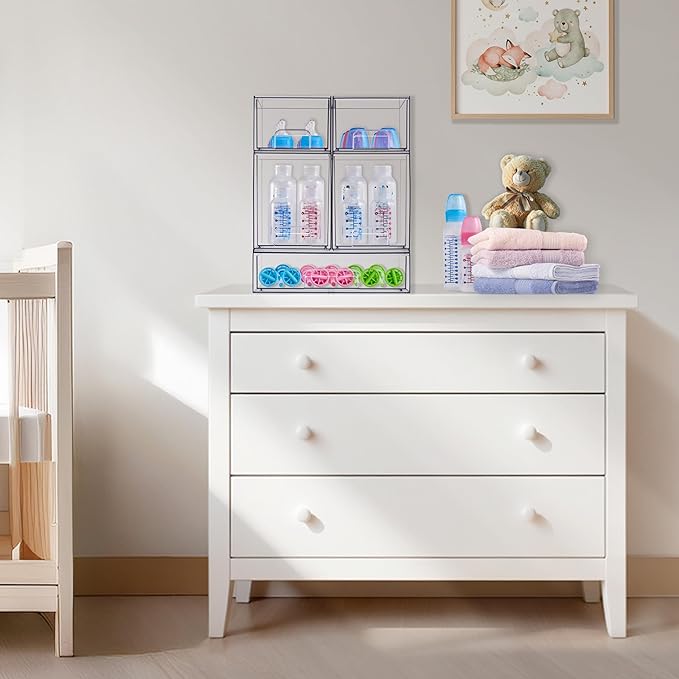 Sorbus Wide Stackable Acrylic Storage Drawers, 4 Pack Clear Plastic Organizer Bins for Baby Bottles, Makeup, Bathroom, Vanity &Countertop Organization, Pull-Out Drawer Design for Cabinets & Pantry
