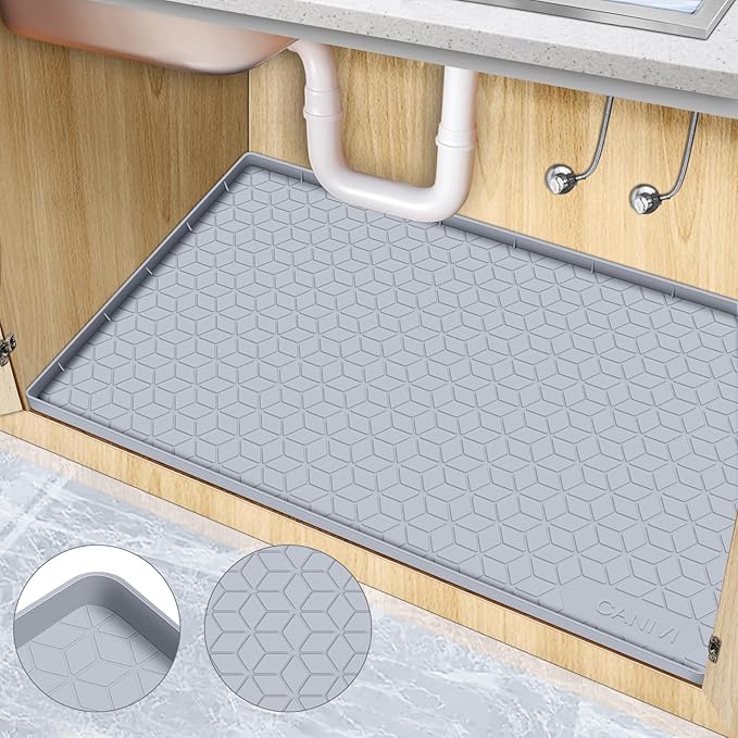 CANIVI Under Sink Mat, 34" x 19" Waterproof Silicone Under Sink Tray for Kitchen & Laundry Cabinets, Kitchen Cabinet Shelf Protector, Up to 3.3 Gallons Liquid, Fits 36 inch Standard Cabinet Light Grey