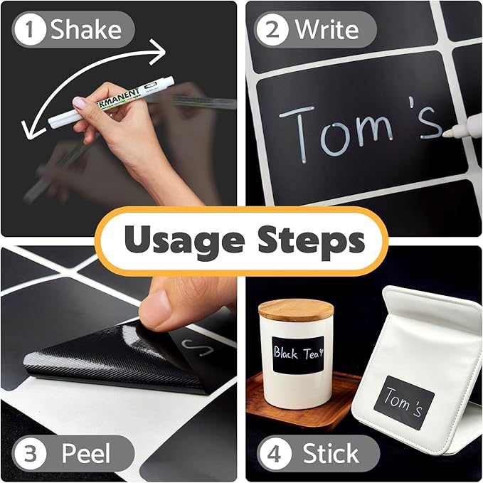 JIEHENG 180Pcs Chalkboard Labels for Jars, Waterproof Reusable Blackboard Stickers with 1 Liquid Chalk Markers, Kitchen Organization Labels Removable (Black, Rectangle)