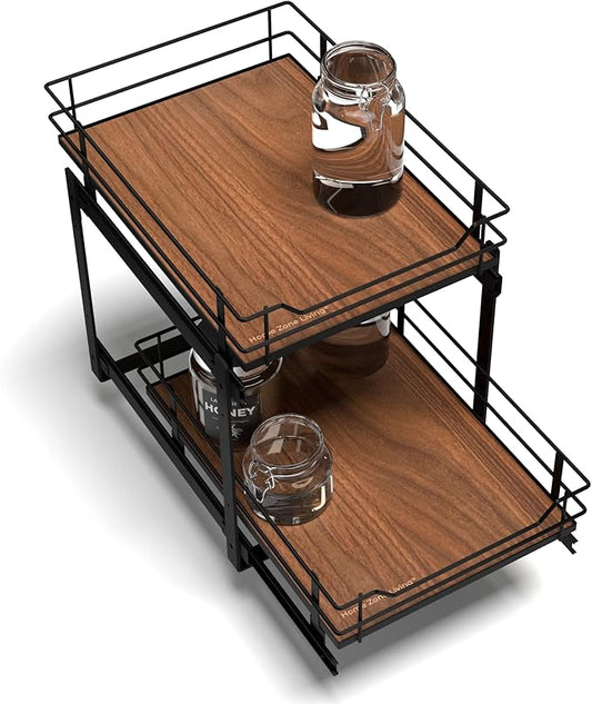 Home Zone Living Pull Out Kitchen Cabinet Organizer with 2 Tiers of Storage for Easy Access, 15”W x 20”D, Matte Black With Dark Brown, Virtuoso Collection