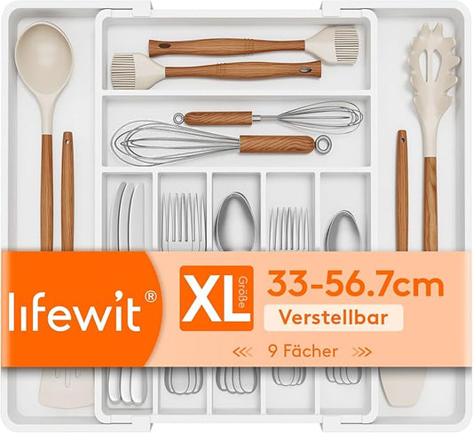 Lifewit Silverware Drawer Organizer, Expandable BPA Free Plastic Utensil Tray for Kitchen, Adjustable Flatware Cutlery Holder for Spoons Forks Knives, 13-22.3 x 16.7", White