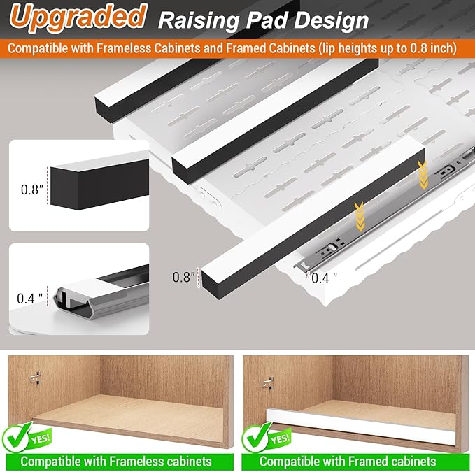 Pull Out Cabinet Organizer, Expandable Width 12"-18" Depth 13"-23" with 3 Slide Rails, No Drill Adhesive Pull Out Drawers for Kitchen and Pantry Cabinets, for Both Lip and Lip-Free Cabinets, White
