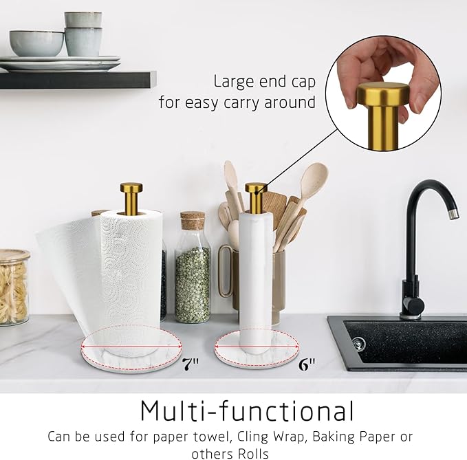Paper Towel Holder Countertop with 7" Weighted White Marble Base - Modern Free Standing Paper Roll Holder, Brushed Gold Stainless Steel Stand Paper Towel Holder for Kitchen and Bathroom