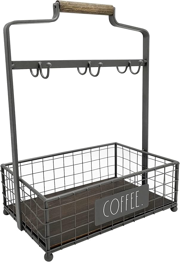 Rae Dunn Coffee Mug Holder - 6 Hook Coffee Cup Rack with Rectangular Rustic Style Crockery Holder for Storage and Display - Mug Stand Organizer for Kitchen Counter or Cafe Countertop - Coffee