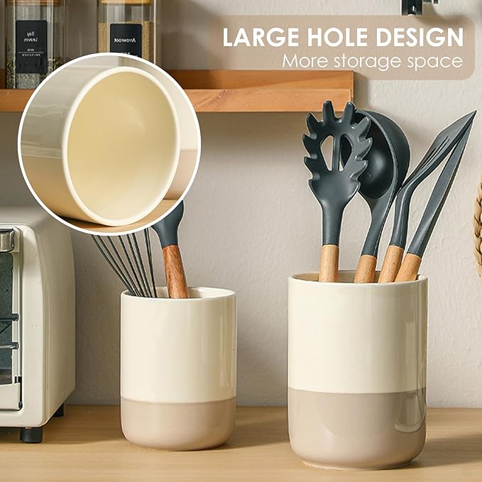 Ceramic Utensil Holder Set, 6.3''+5.3'' Cooking Utensil Crocks for Kitchen Counter, Modern Design Cooking Tool Organizer Set of 2, 800ml+1300ml Ideal for Spatula, Cutlery, Makeup, Flower Vase