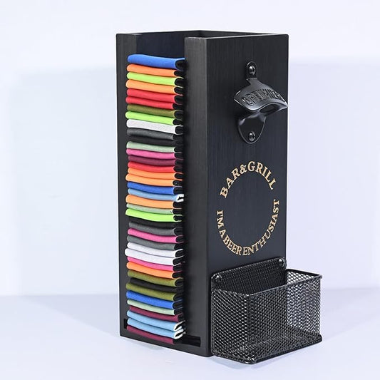 3-in-1 Can and Bottle Cooler Holder with Opener - Wooden Beer Sleeves Organizer & Dispenser - Wall Mounted Storage - Ideal for Home Bars and Parties(Black)