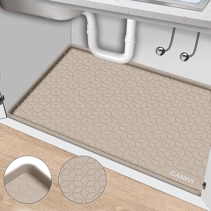 CANIVI Under Sink Mat, 34" x 19" Waterproof Silicone Under Sink Tray for Kitchen & Laundry Cabinets, Kitchen Cabinet Shelf Protector, Up to 3.3 Gallons Liquid, Fits 36 inch Standard Cabinet Apricot