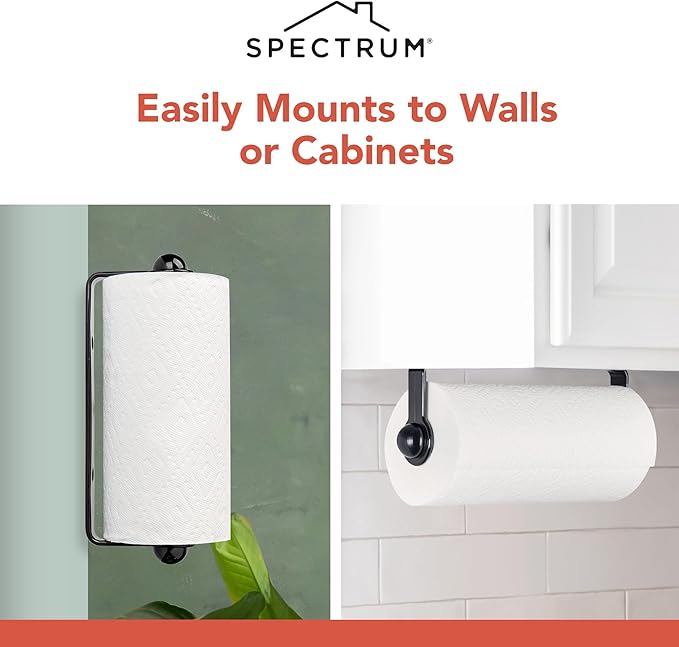 Spectrum Paper Towel Holder for Under Cabinet Easy Install Wall Mounted Plastic Hanging Paper Roll Rack for Kitchen Bathroom Storage, Durable Mount Towel Dispenser for Standard & Jumbo Rolls, Black