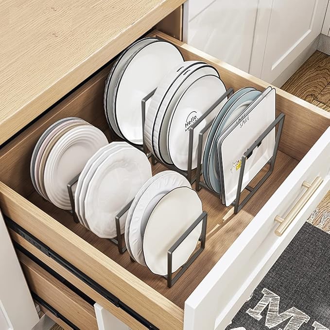 4PCS Plate Holders Organizer, Metal Dish Storage Dying Display Rack for Cabinet, Counter and Cupboard, Grey, 4 Small
