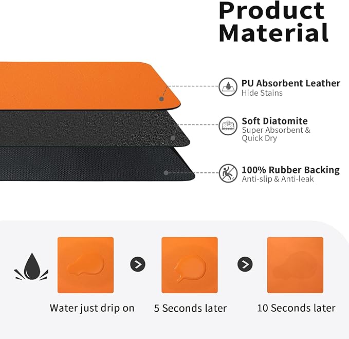 Dish Drying Mat for Kitchen Counter, Heat Resistant Drainer Mats with Non-slip Rubber Backed, Hide Stain Kitchen Super Absorbent Draining Mat, Easy to Clean Dish Rack Pad, Orange 16"x18"