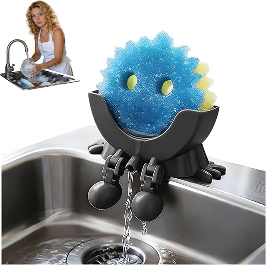 Peeing Scrub Sponge Holder, Sponge Holder for Kitchen Sink,Sink Caddy Smiley Face, 4-in-1 Sponge Holder for Holding Soap, Brush, ScrubberSponge,Stopper (Black)