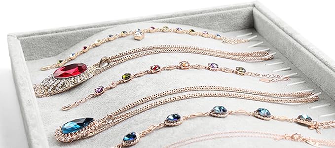 Stratalife Necklace Organizer Stackable Jewelry Organizer 20 Hooks Large Jewelry Tray Velvet Necklaces Holder Bracelet Storage for Women Girls Grey