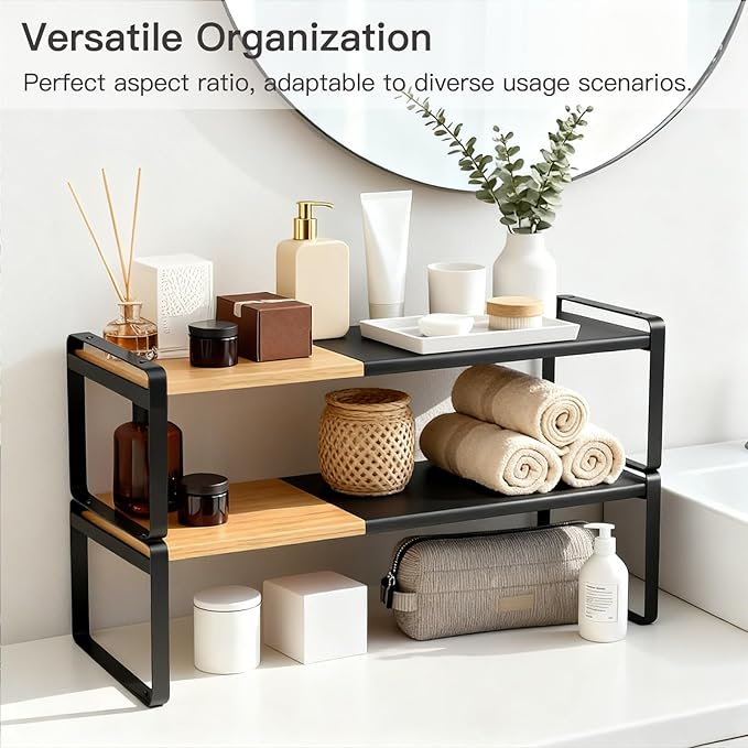 Countertop Spice Rack & Cabinet Shelf Organizer, Metal Desk Shelf Riser for Office, Industrial Black Desktop Stand for Computer Monitor, Printer & Keyboard Storage (Black)