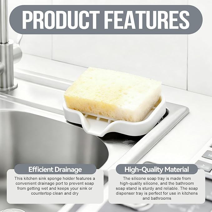 Sponge Holder with Drain Spout, 4.7" x 3.6" Bathroom and Kitchen Sink Organizer, Dish Soap Tray for Sponges, Scrubbers, Dispensers, Dish Brushes, Spoons & Other Sink Items, Dishwasher Safe (White)