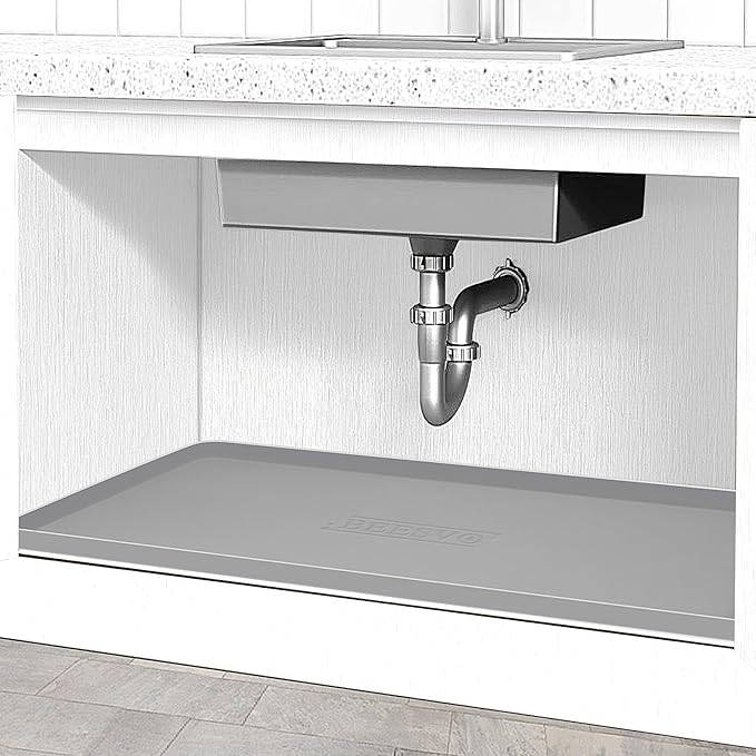BEESVO Under Sink Mat for Kitchen Waterproof, 22" x 19" Silicone Under Sink Liner Kitchen & Bathroom Cabinet Protector Mats, Heavy Duty Flexible Under Sink Drip Tray with Lip, Cool Grey