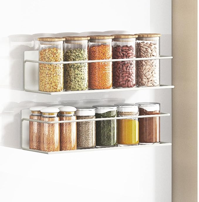 Roysili Magnetic Spice Rack for Refrigerator Magnetic Fridge Shelf for Kitchen Spice Organizer Magnetic Shelf for Fridge Space Saving White 2 Pack