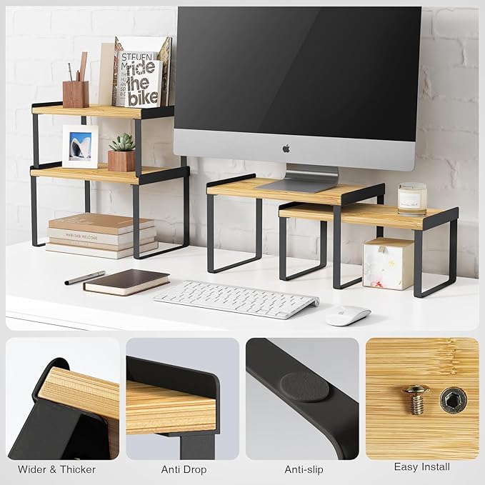 Kitchen Cabinet Organizer Shelf Set of 4, Pantry Organizers and Storage Shelves for Plates Dishes Cups Mugs, Cupboard Counter Cabinet Shelf Riser for Countertop (Bamboo Wood and Black Metal)