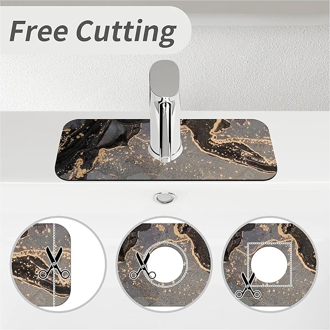 Kitchen Sink Splash Guard，Marble black gold Faucet Mat Sink Gadgets-Super Absorbent Fast Drying Mat Drip Catcher for Kitchen, Bathroom,Sink Mat, Dish Drying Mat, Bathroom(15" X 5.5" )
