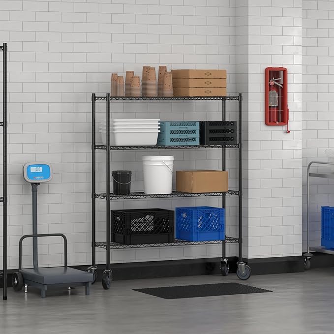Commercial NSF Listed Black Epoxy Mobile Wire Shelving Kit 12" x 48" x 60", with 4 Shelves Perfect for Warehouse, Walk-in Refrigerator, Freezer, Grocery Store, Restaurant, Dishroom