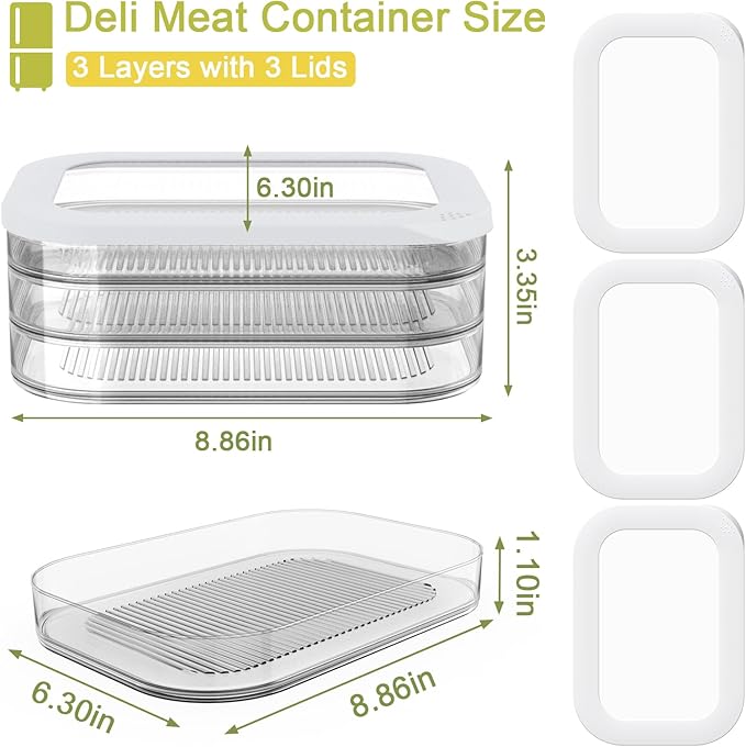 Cecnamt 3 Pcs Deli Meat Container for Fridge, Stackable Bacon Lunch Meat Container for Refrigerator, Food Storage Boxes with 3 Lids for Cold Cuts, Cheese, Lunchmeat, Salami, Meal Prep Containers