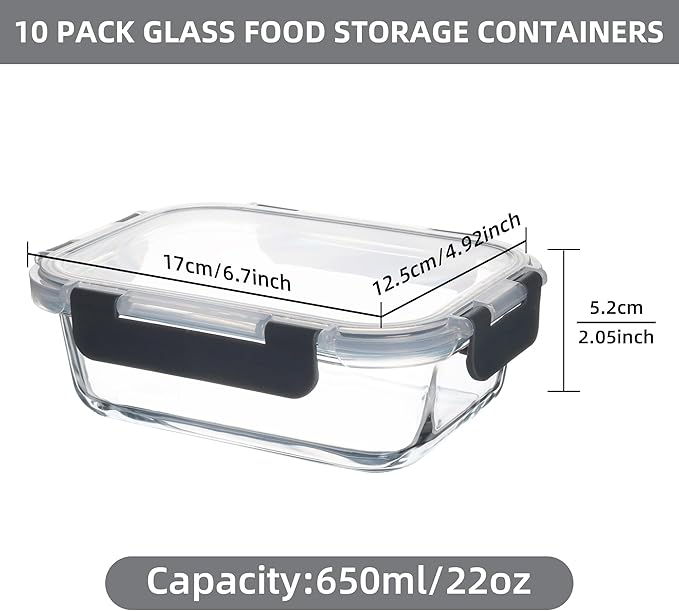 10 Pack 22 oz Glass Meal Prep Containers, Food Storage Containers with Lids, Airtight Leakproof Lunch Containers for Kitchen, Freezer, Microwave, Dishwasher Safe (Grey)