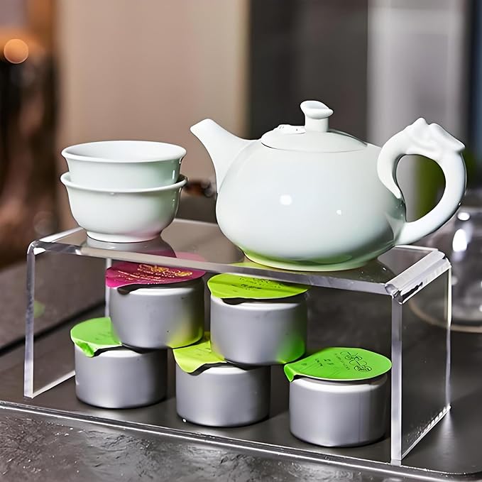 4 Packs Multipurpose Acrylic Mug Organizer for Kitchen Cabinets,Display Narrow Risers,Kitchen & Retail,Craft Shows,Lego & Candle Display,Spice Rack for Dishes, Spices,and Bottles,12.4 x 4 x 4.6 inch