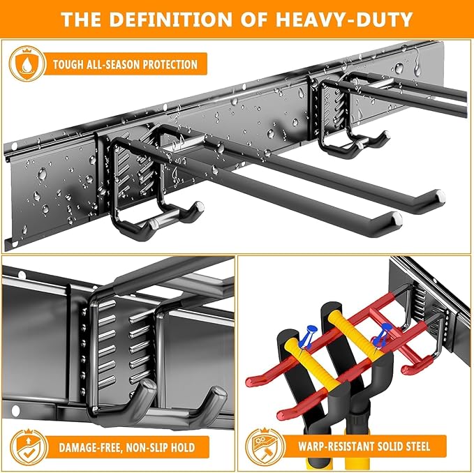 Garage Tool Organizer Wall Mount, 48 inch Garage Wall Organizer, 480lbs Sturdy Garden Tool Organizer with 6 Adjustable Hooks, for Yard, Shed, Basement, Workshop(Black)