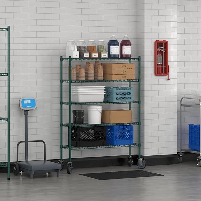 Commercial NSF Listed Green Epoxy Mobile Wire Shelving Kit 12" x 42" x 60", with 5 Shelves Perfect for Warehouse, Walk-in Refrigerator, Freezer, Grocery Store, Restaurant, Dishroom
