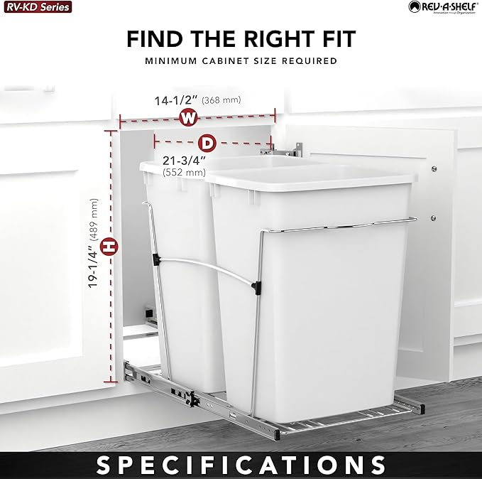 Rev-A-Shelf RV-18KD-11C S Double Pullout Trash Can for Kitchen Cabinets 35 Qt Garbage Recycling Bin on Full-Extension Slides, White