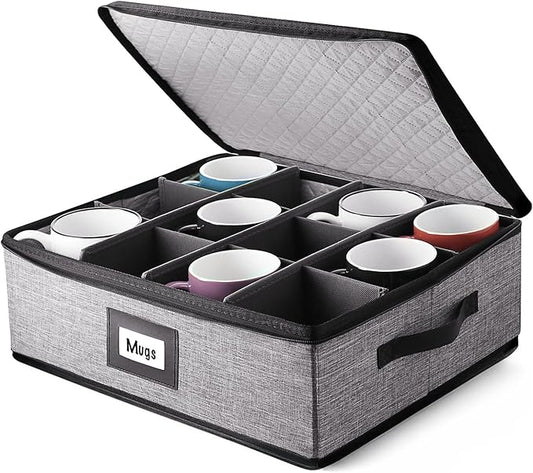 Hearth & Harbor Coffee Mug Storage, Quilted and Stackable Coffee Cup Storage Organizer for Service of 12, Mug Storage Box with Dividers, China Containers Hard Shell for Moving and Organization, Grey