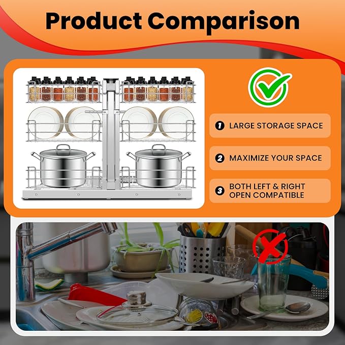 Blind Corner Pull Out Organizer, Min Opening 17", Left Open & Right Open Compatible, 3-tier Pull-out Basket, Soft Close, Bottom Mount