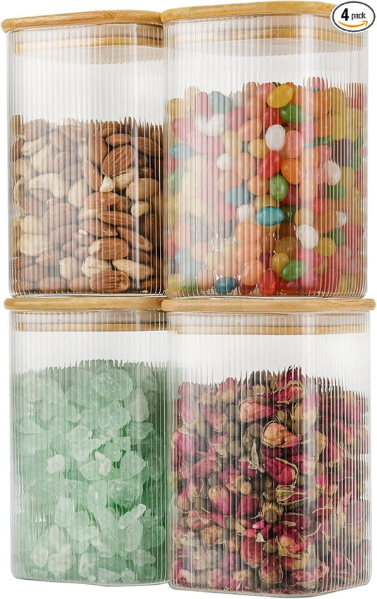 37oz Airtight Glass Square Storage Canisters with Bamboo Lids Set of 4 (1100ml) Striped Stackable Containers, Decorative Kitchen Jars for Tea, Nuts and Coffee (‎with Black Lable)