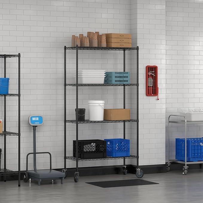 Commercial NSF Listed Black Epoxy Mobile Wire Shelving Kit 18" x 42" x 80", with 4 Shelves Perfect for Warehouse, Walk-in Refrigerator, Freezer, Grocery Store, Restaurant, Dishroom