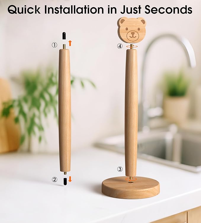KitchLife Cute Wooden Paper Towel Holder Countertop - Solid Freestanding Paper Towel Dispenser Stand Organizer with Anti-Skid Base (Bear)