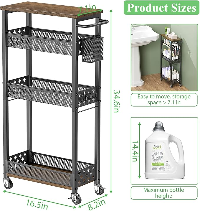 Utility Slim Rolling Storage Cart with Wheels, 4 Tier Narrow Metal Kitchen Cart Bathroom Laundry Room Organization Trolley with Wood Rack and Removable Mesh Basket for Small Space, 7.1IN Black