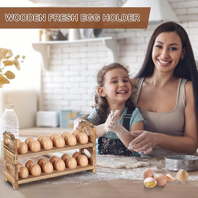 AOOHOOA Wooden Egg Holder with 4 Layers/48-Hole, Stackable Wood Egg Rack Countertop with Handle, Stores Chicken/Duck/Quail/Turkey/Easter Eggs