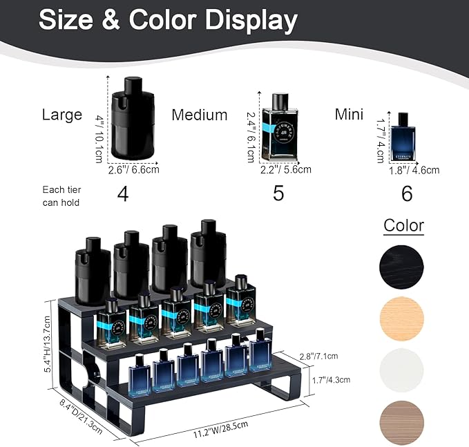 Wood Perfume Organizer for Dresser,3 Tier Black Cologne Stand,Cologne Organizer for Men,Wooden Display Risers Stand for Bathroom,Makeup,Cupcake,Bedroom Decor(Black,Width=11.2")